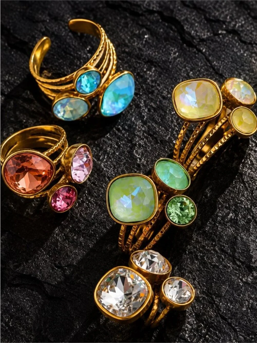 Gold Plated Ring with Lime Green and crystal Stones